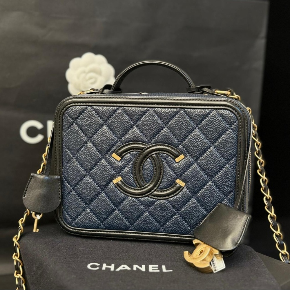 CHANEL Filigree Vanity Case Blue and Black Caviar Quilt w/ Gold Chain